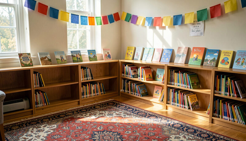 A sunlit public library corner with low shelves, a rug and colorful paper flags strung above the picture books.