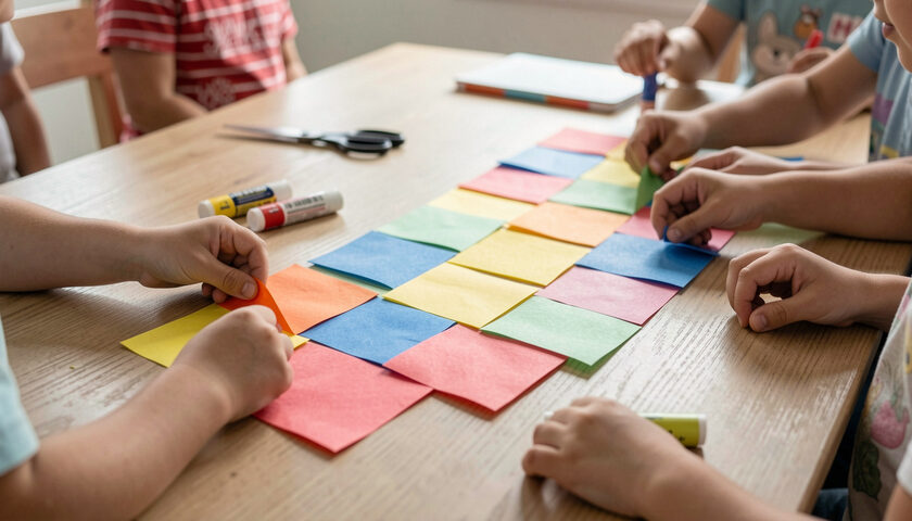Children's hands folding bright tissue paper squares into a banner on a wide table.