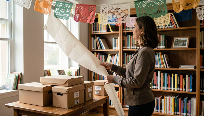 A librarian unfolding a long paper banner while papel picado flags hang above a library story corner.
