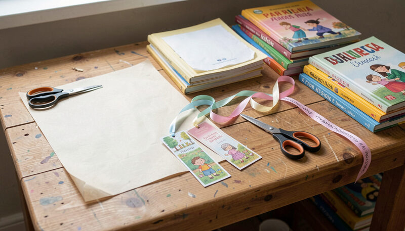 A wooden work table with craft paper, scissors, ribbons, bookmarks and stacks of picture books.