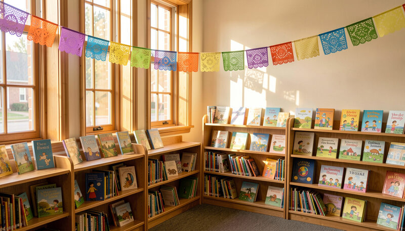 A festive public library corner with papel picado flags above low shelves of picture books