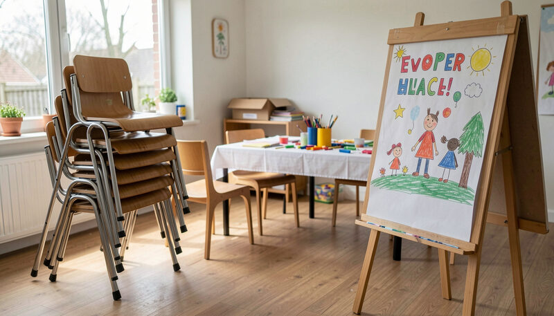 A meeting room prepared for a celebration with stacked chairs, a craft table and a hand drawn poster.