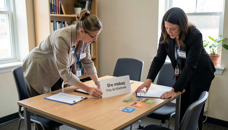 Two librarians arranging chairs and a sign in table in a small meeting room before an event.