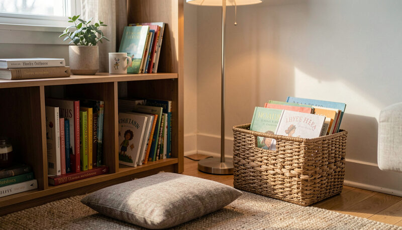 A cozy living room corner with a low bookshelf, floor cushions and a basket of picture books.